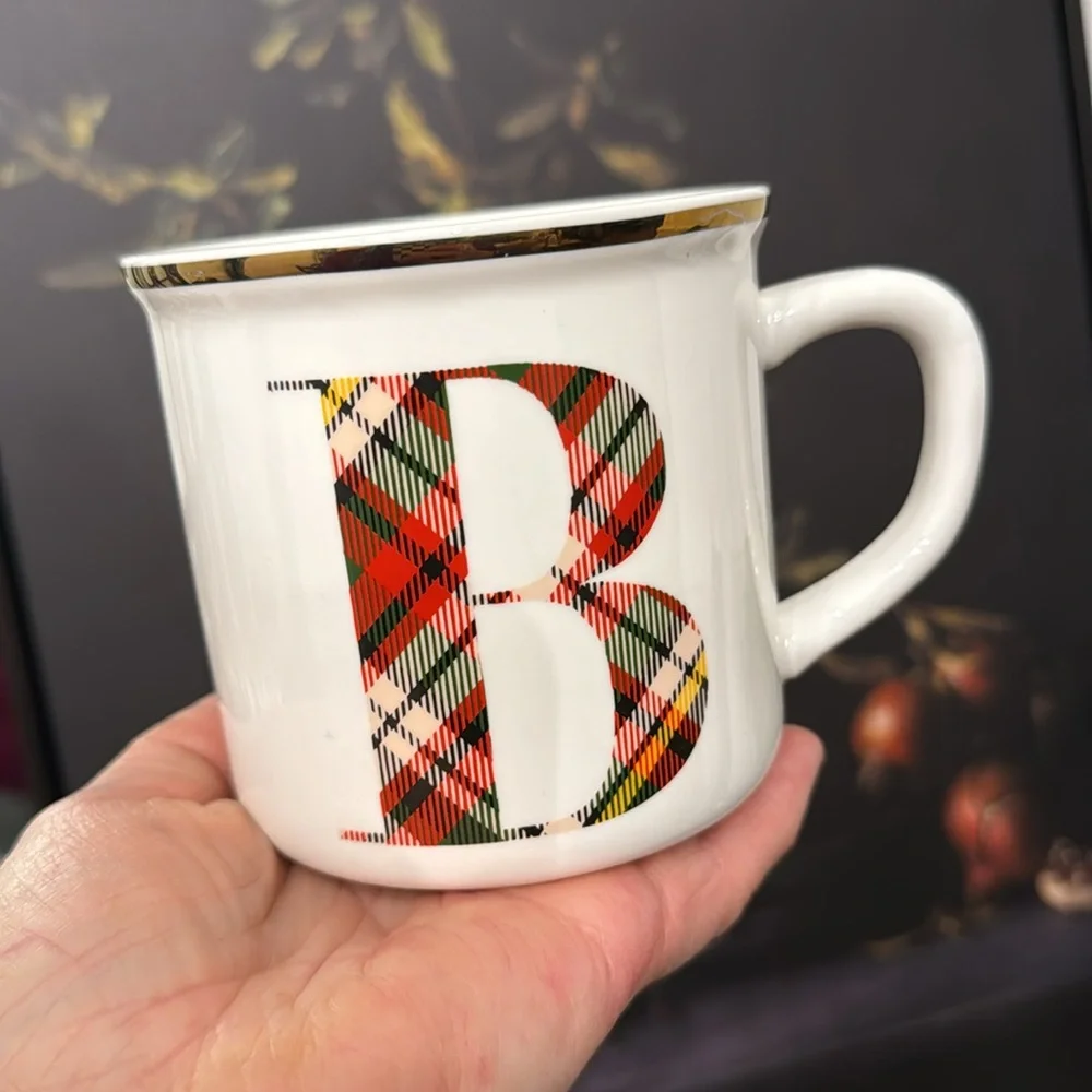 Pottery Barn Plaid Alphabet Stoneware Mug Letter B Initial Personalized 16oz